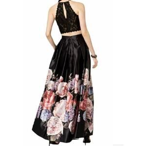 Betsy & Adam Satin Maxi Skirt Floral Size 6 Black Formal Garden Party